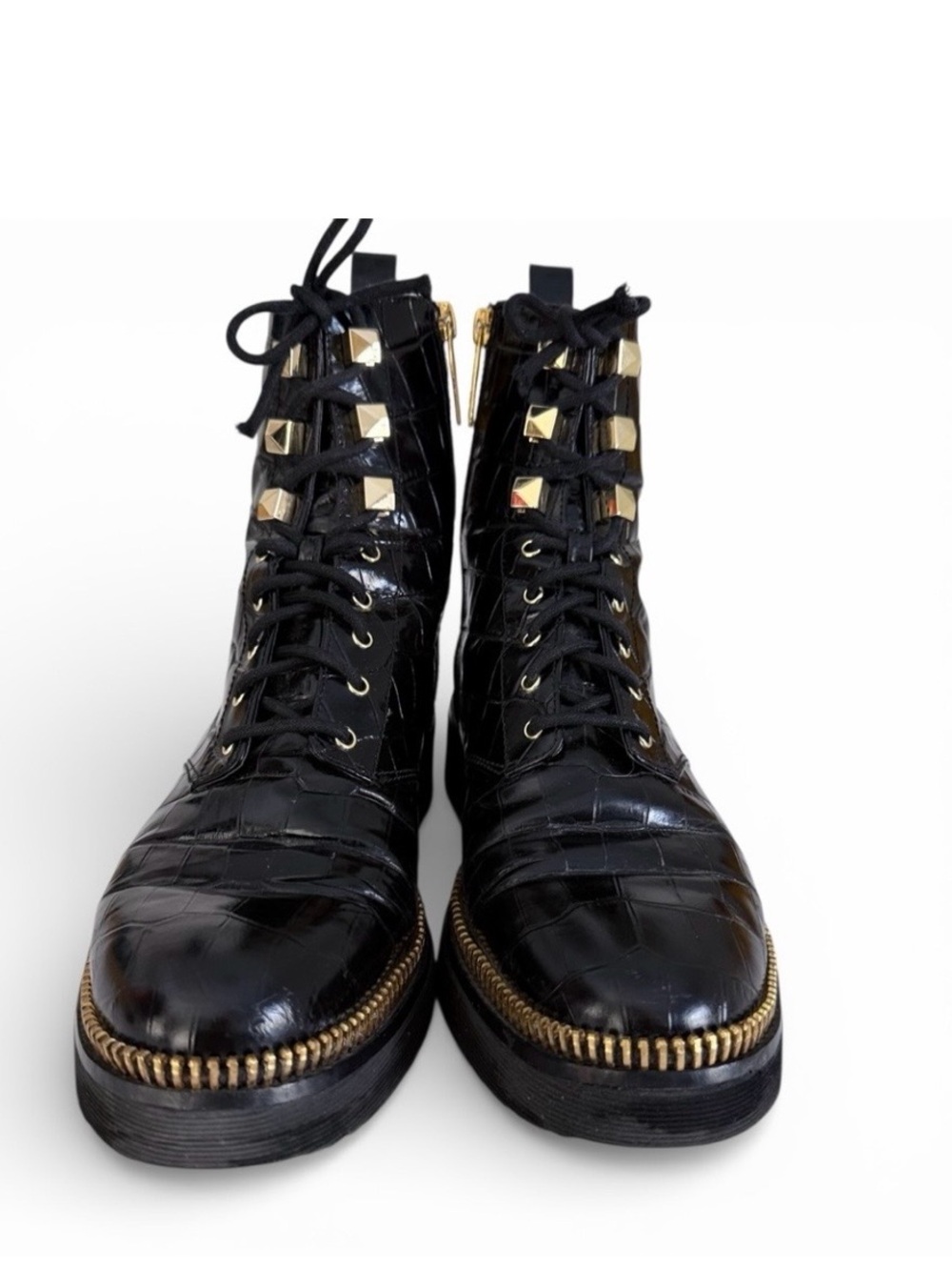 MICHAEL MICHAEL KORS Black Crocodile Embossed Leather Combat Boots Zip Lace 8